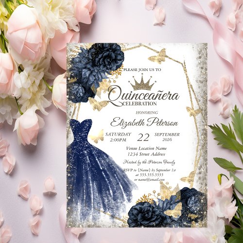 Blue Dress,Roses,Gold Butterflies Quinceañera