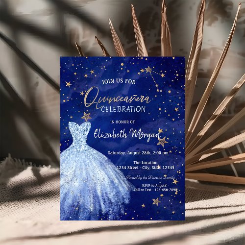 Blue Dress Stars Galaxy Quinceaera  Invitation