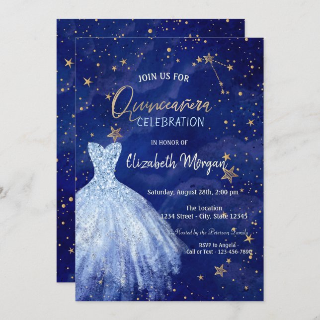 Blue Dress Stars Galaxy Quinceañera  Invitation (Front/Back)