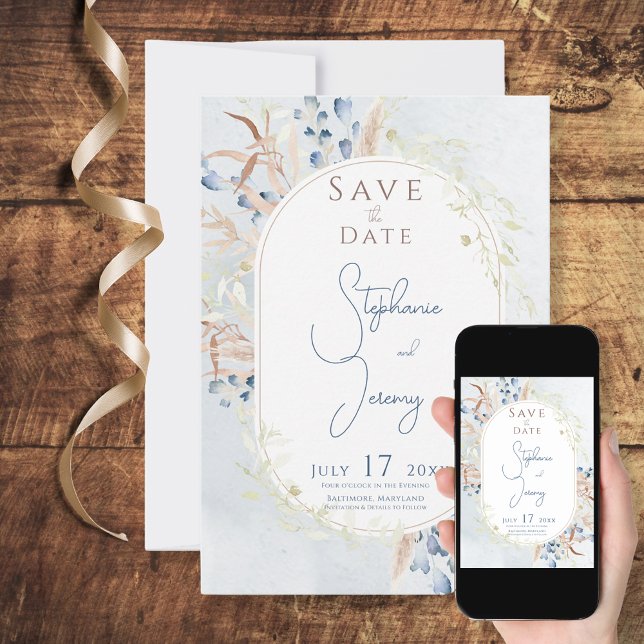 Blue Dried Boho Flowers Blue Wedding Save The Date (Creator Uploaded)