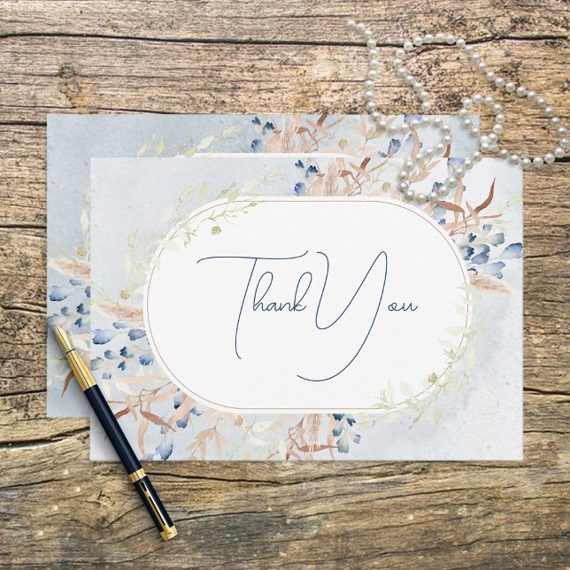 Blue Dried Boho Flowers Wedding Thank You Card (Creator Uploaded)