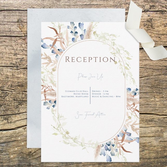 Blue Dried Boho Flowers White Reception Enclosure Card (Creator Uploaded)