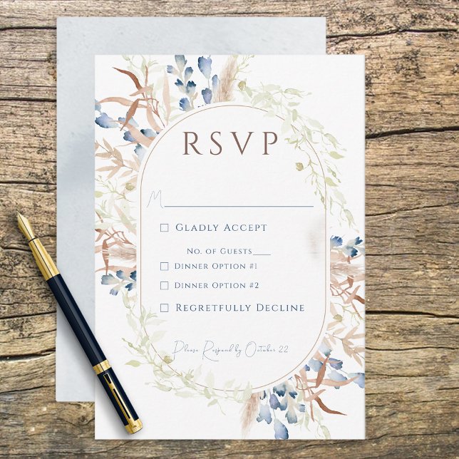 Blue Dried Boho Flowers White RSVP Card (Creator Uploaded)