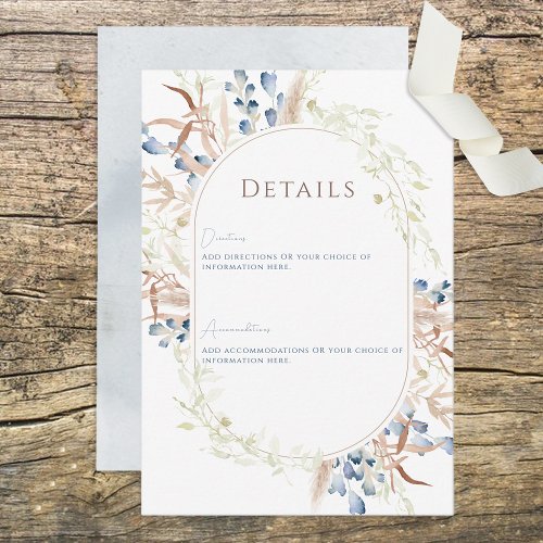 Blue Dried Boho Flowers White Wedding Details Card