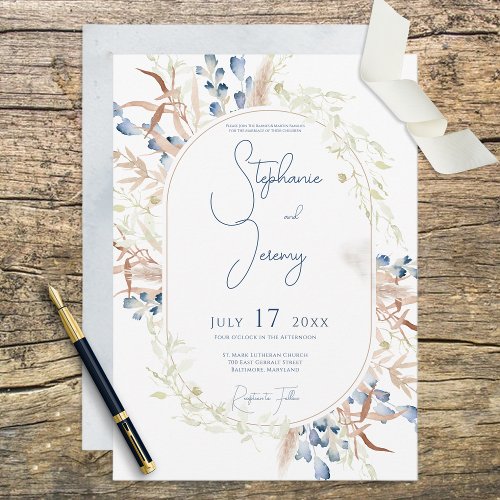 Blue Dried Boho Flowers White Wedding Invitation