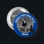 Blue Drill Team Photo High School Dancer Button<br><div class="desc">This cool customized high school drill team photo gift features white typography of your team and dancer name on a blue button with a silhouette of a girl holding pom poms in boots. Personalize with your student's photograph and class year as a proud parent. A mom and dad can wear...</div>