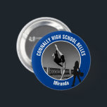 Blue Drill Team Photo High School Dancer Button<br><div class="desc">This cool customized high school drill team photo gift features white typography of your team and dancer name on a blue button with a silhouette of a girl holding pom poms in boots. Personalize with your student's photograph and class year as a proud parent. A mom and dad can wear...</div>