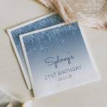 Blue Dripping Glitter Glam 21st Birthday Party Napkins<br><div class="desc">These chic,  feminine 21st (or any year) birthday party paper napkins feature a sparkly blue faux glitter drip border and blue ombre background. Personalize them with the guest of honor's name in blue handwriting script,  with her birthday and date below in sans serif font.</div>