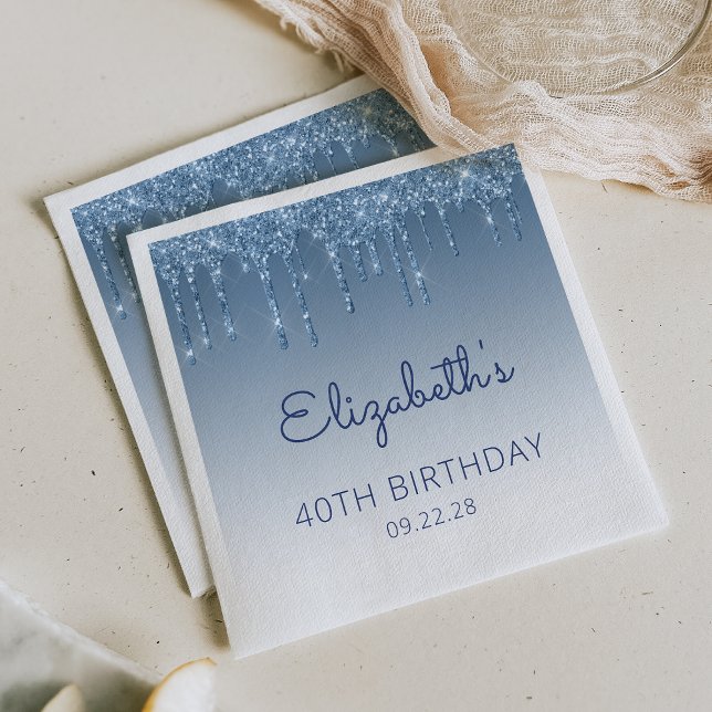 Blue Dripping Glitter Glam 40th Birthday Party Napkins (Creator Uploaded)