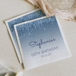 Blue Dripping Glitter Glam 50th Birthday Party Napkins<br><div class="desc">These chic,  feminine fiftieth (or any year) birthday party paper napkins feature a sparkly blue faux glitter drip border and blue ombre background. Personalize them with the guest of honor's name in blue handwriting script,  with her birthday and date below in sans serif font.</div>