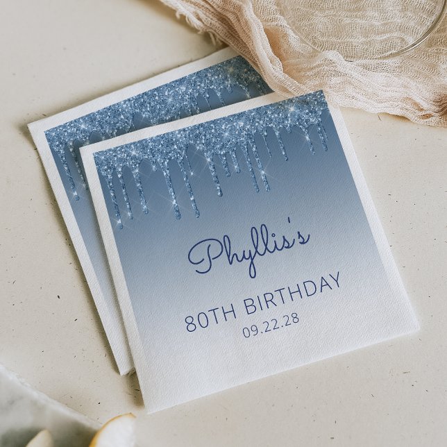 Blue Dripping Glitter Glam 80th Birthday Party Napkins (Creator Uploaded)