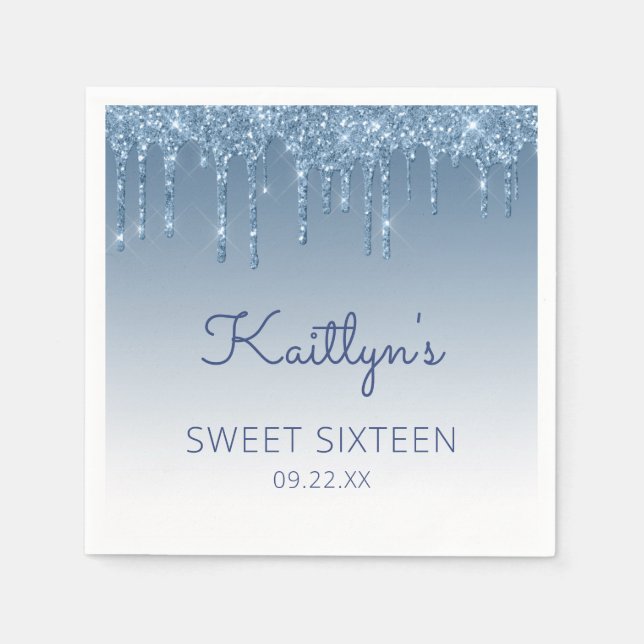 Blue Dripping Glitter Glam Sweet 16 Party Napkins (Front)