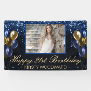 Blue Dripping Glitter & Gold Balloons Birthday Banner