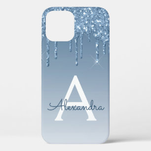 Blue Dripping Glitter Monogram Girly iPhone 12 Case