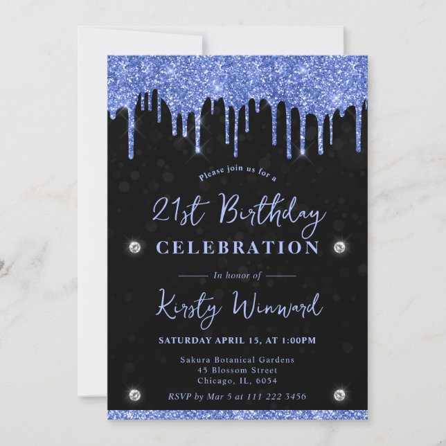 Blue Dripping Glitter on Black Bokeh 21st Birthday Invitation (Front)