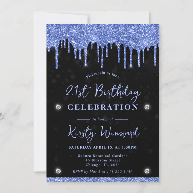 Blue Dripping Glitter on Black Bokeh 21st Birthday Invitation | Zazzle