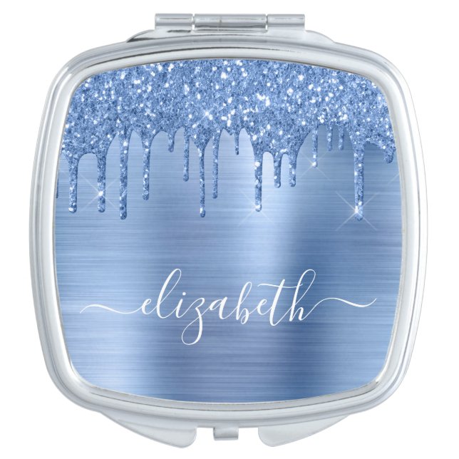 Blue Dripping Glitter Personalized Compact Mirror (Front)