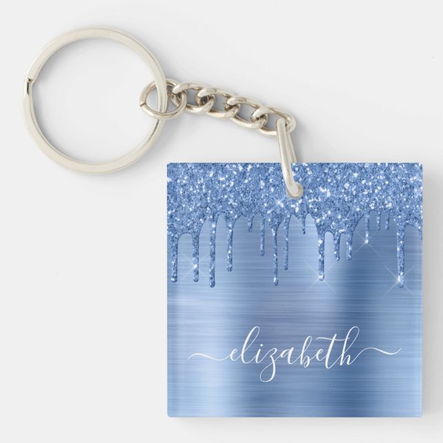 Blue Dripping Glitter Personalized Keychain (Front)