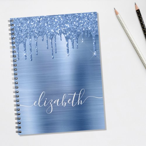 Blue Dripping Glitter Personalized Notebook
