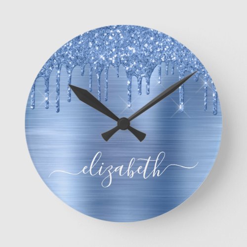Blue Dripping Glitter Personalized Round Clock
