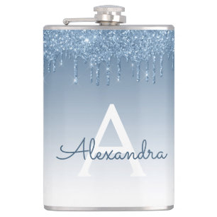 Blue Dripping Glitter Sparkle Monogram Flask