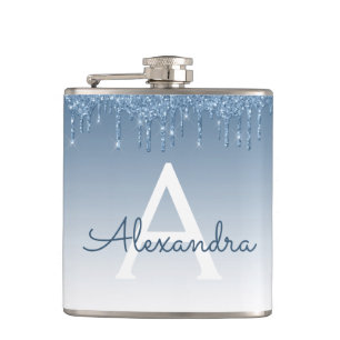 Blue Dripping Glitter Sparkle Monogram Flask