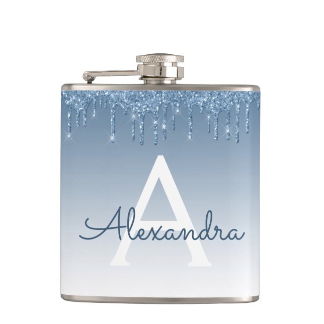 Blue Dripping Glitter Sparkle Monogram Flask (Front)