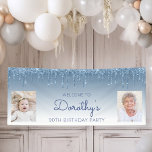Blue Dripping Glitter Two Photo 90th Birthday Banner<br><div class="desc">Welcome guests with this chic, glamorous 90th birthday party photo banner, featuring a sparkly blue faux glitter drip border and blue ombre background. Easily replace the two sample images with photos of the guest of honor. Personalize it with her name in blue handwriting script, with the birthday below in blue...</div>