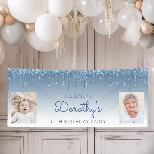 Blue Dripping Glitter Two Photo 90th Birthday Banner