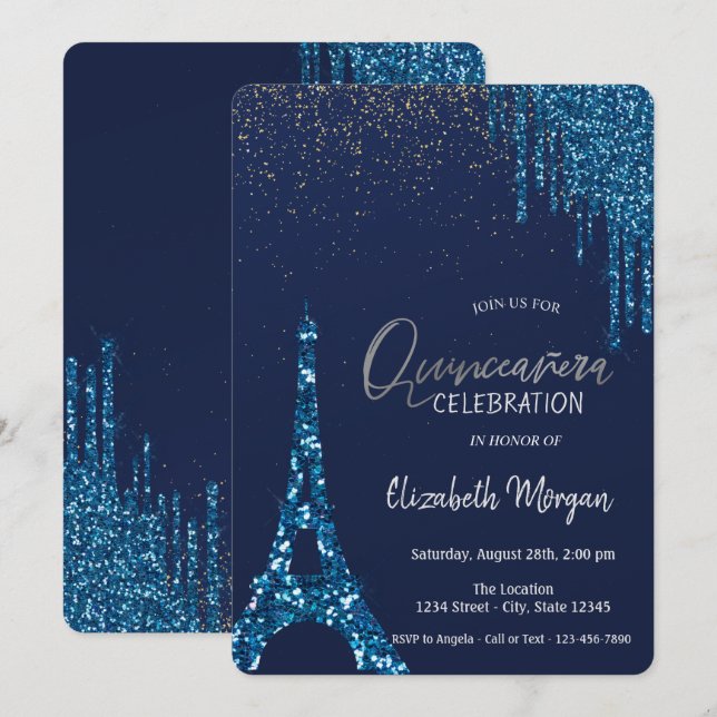 Blue Drips Confetti,Eiffel Tower Quinceañera Invitation (Front/Back)