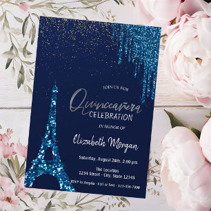 Blue Drips Confetti,Eiffel Tower Quinceañera Invitation