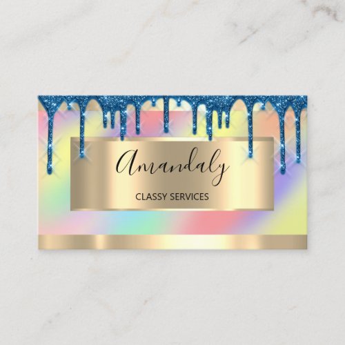 Blue Drips Gold Drips Framed Holograph Ombre Business Card