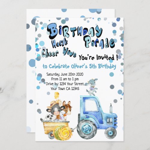 Blue Drive By Birthday Farm Animals Invitation