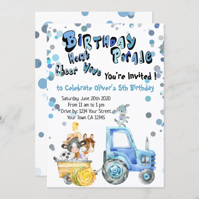 Blue Drive By Birthday Farm Animals Invitation (Front/Back)