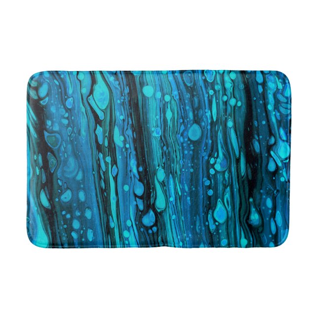 Blue Drops Acrylic Pouring Abstract Fluid Art Bath Mat (Front)