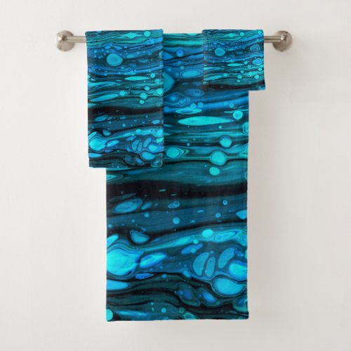 Blue Drops Acrylic Pouring Abstract Fluid Art  Bath Towel Set