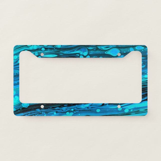 Blue Drops Acrylic Pouring Abstract Fluid Art License Plate Frame (Front)