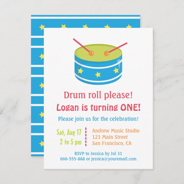 Blue Drum Roll Boy First Birthday Party Invitation (Front/Back)