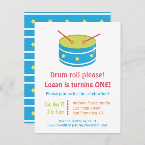 Blue Drum Roll Boy First Birthday Party Invitation