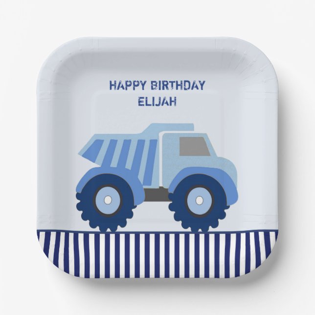 Blue Dump Truck Custom Kid's Birthday Paper Plates (Front)