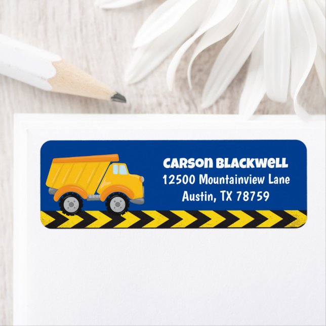 Blue Dump Truck Kids Birthday Party Return Address Label (Insitu)