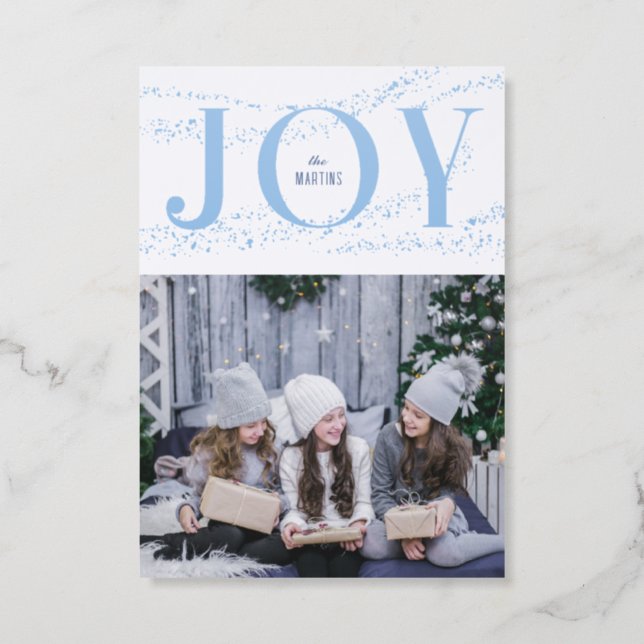 Blue Dusted Snow Joy Holiday Letterpress Photo Cards (Front)