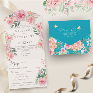 Blue Dusty Blush Pink & Peach Floral Wedding All In One Invitation