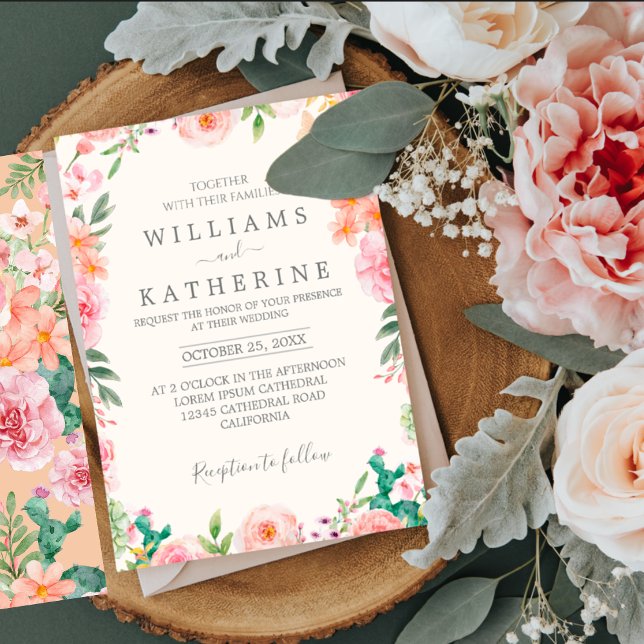  Blue Dusty Blush Pink & Peach Floral Wedding  Invitation (Creator Uploaded)