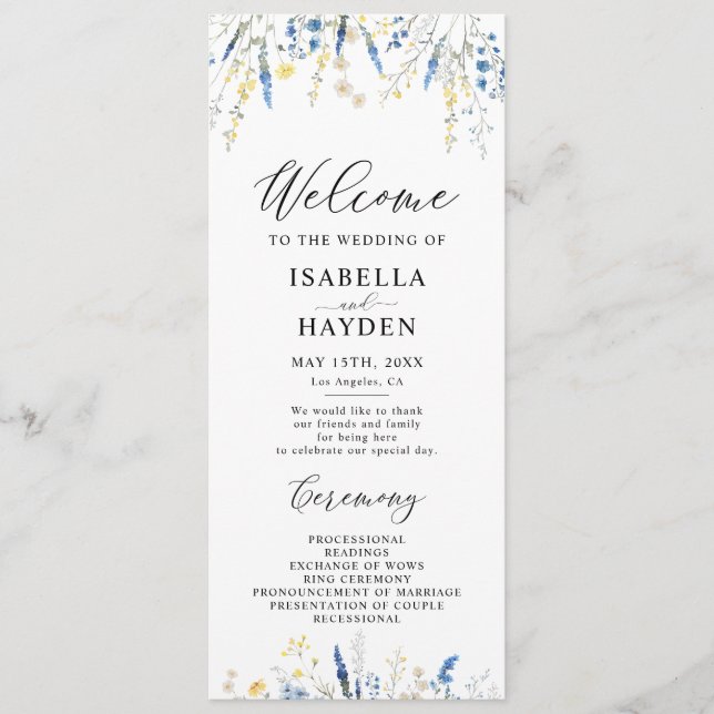 Blue Dusty Dainty Wild Floral Wedding Flat Program (Front)