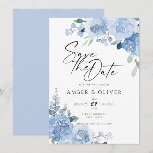 Blue Dusty Floral Light Blue Leaves Save The Date  Invitation