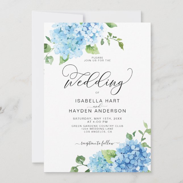 Blue Dusty Light Navy Floral Hydrangea Wedding Invitation (Front)