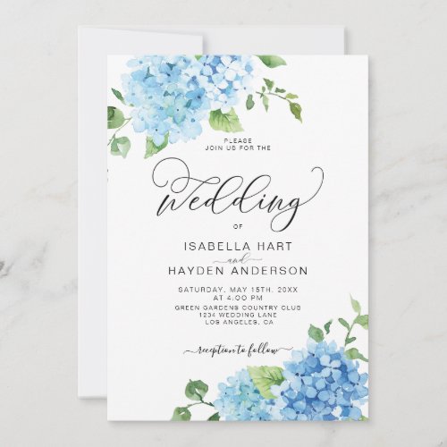 Blue Dusty Light Navy Floral Hydrangea Wedding Invitation