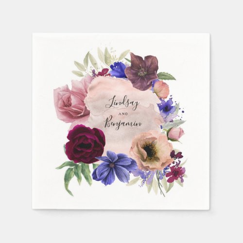 Blue Dusty Pink and Burgundy Floral Watercolor Napkins