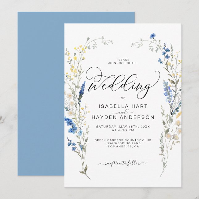 Blue Dusty Yellow Dainty Floral Botanical Wedding  Invitation (Front/Back)